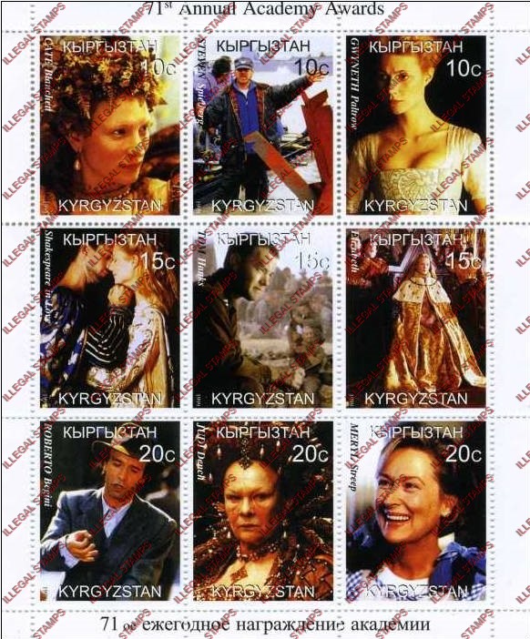 Kyrgyzstan 1999 71st Annual Academy Awards Illegal Stamp Sheetlet of Nine