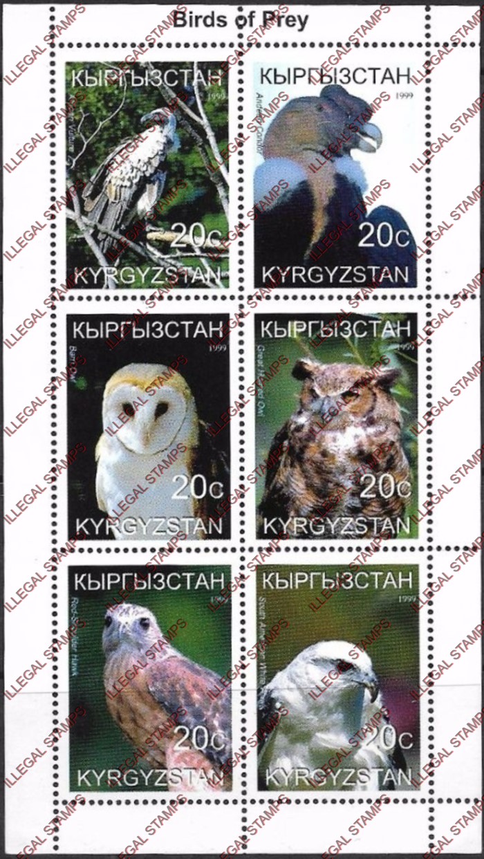 Kyrgyzstan 1999 Birds of Prey Illegal Stamp Sheetlet of Six