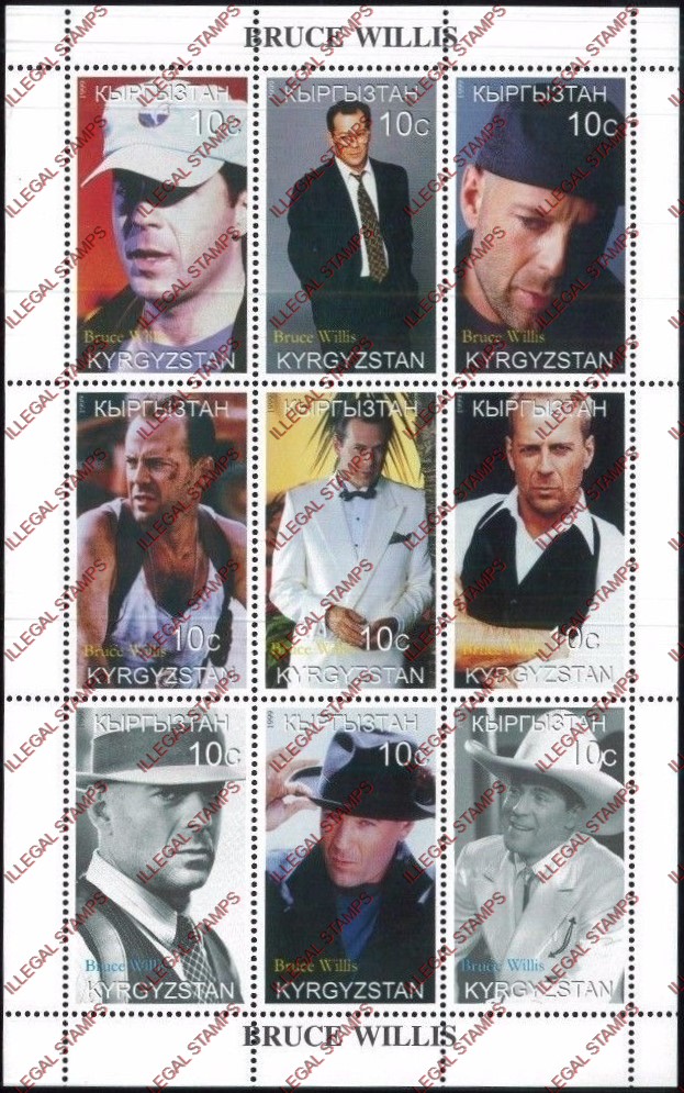 Kyrgyzstan 1999 Bruce Willis Illegal Stamp Sheetlet of Nine