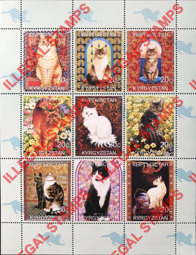 Kyrgyzstan 1999 Cats Illegal Stamp Sheetlet of Nine