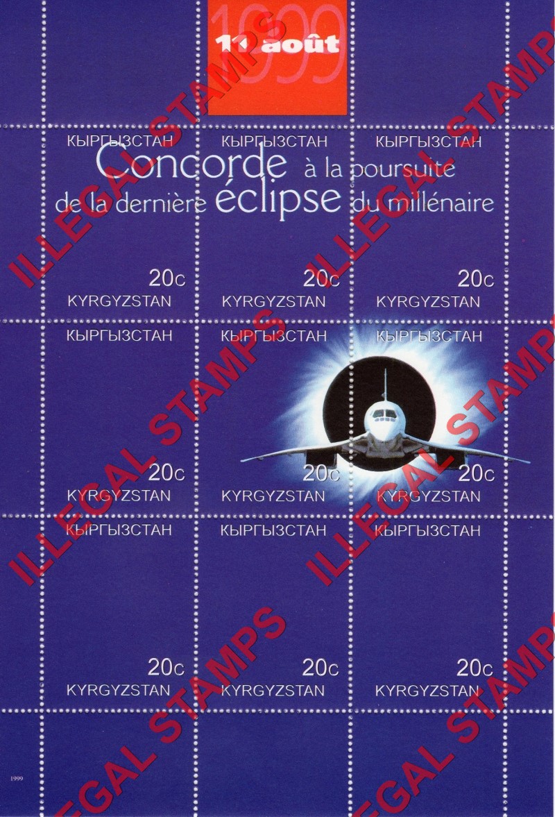 Kyrgyzstan 1999 Concorde Eclipse of the Century Illegal Stamp Sheetlet of Nine