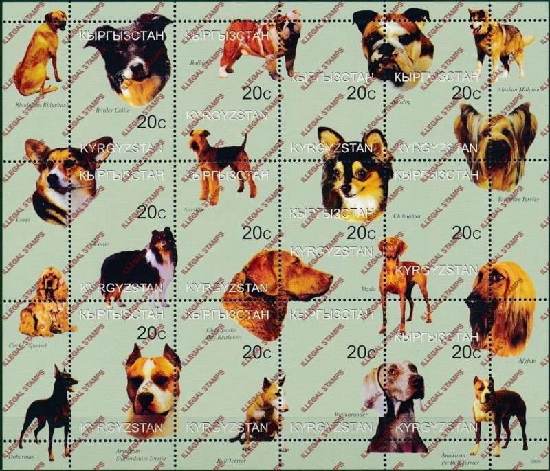 Kyrgyzstan 1999 Dogs Illegal Stamp Sheetlet of Twelve