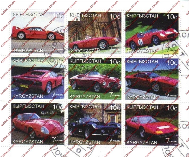 Kyrgyzstan 1999 Ferrari Illegal Stamp Sheetlet of Nine