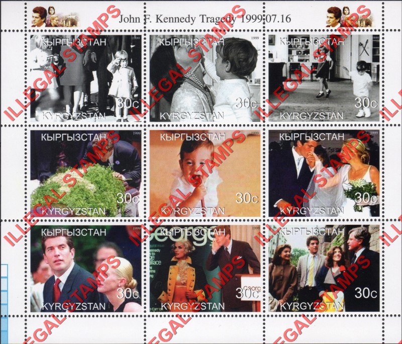 Kyrgyzstan 1999 John Kennedy Junior Tragedy Illegal Stamp Sheetlet of Nine
