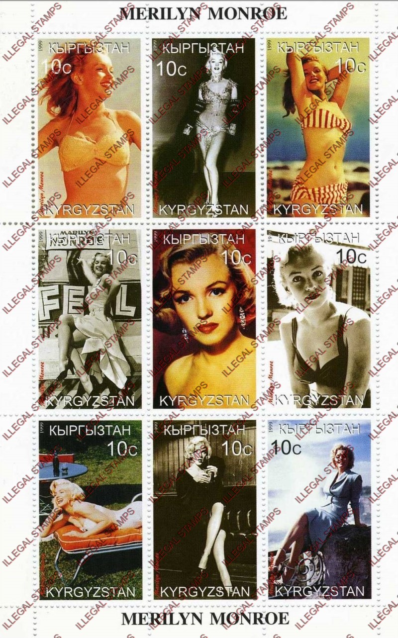 Kyrgyzstan 1999 Marilyn Monroe Illegal Stamp Sheetlet of Nine