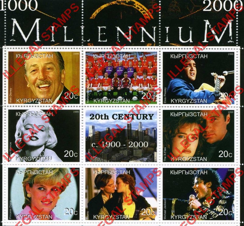 Kyrgyzstan 1999 Millennium Series 20th Century Illegal Stamp Souvenir Sheet of 6 (Sheet 1)