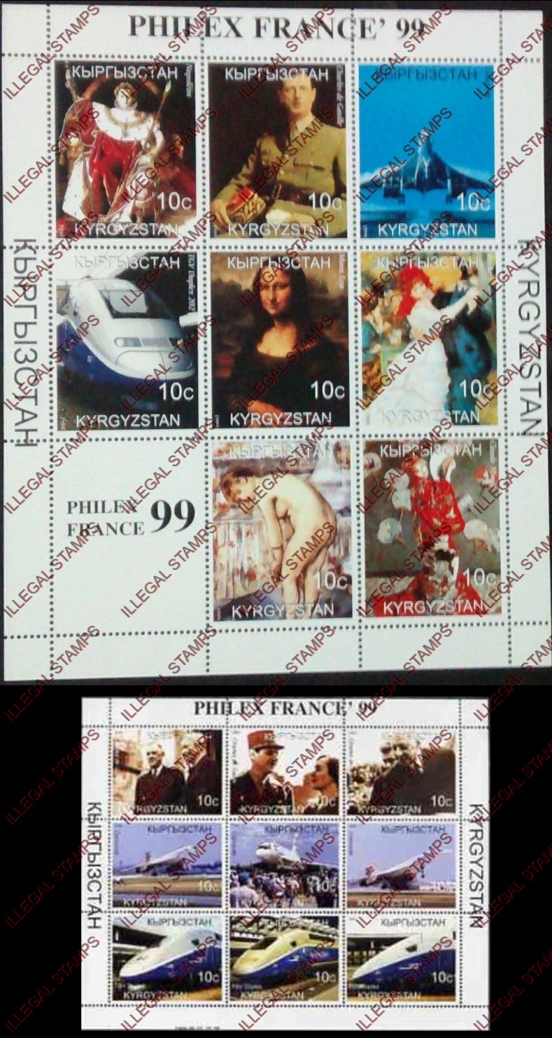 Kyrgyzstan 1999 PHILEX France Illegal Stamp Sheetlets of Nine