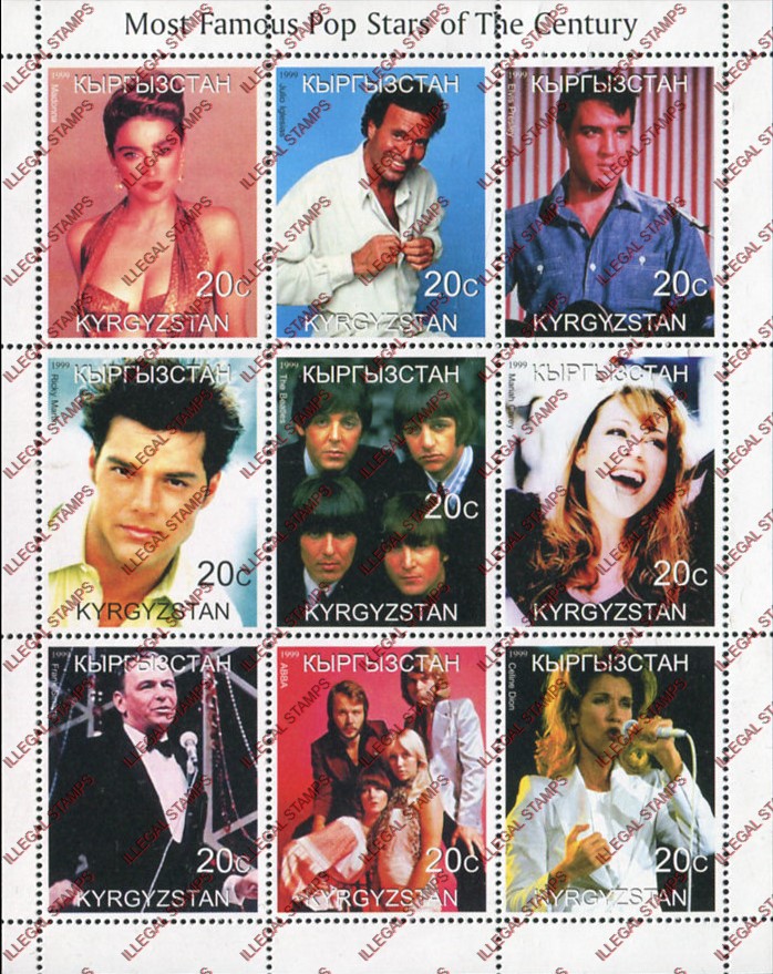 Kyrgyzstan 1999 Pop Stars Illegal Stamp Sheetlet of Nine