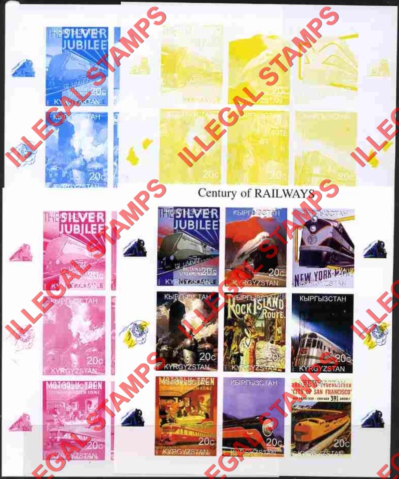 Kyrgyzstan 1999 Century of Railways Illegal Stamp Sheetlet of Nine Fake Color Proof Set