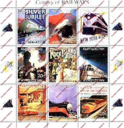 Kyrgyzstan 1999 Century of Railways Illegal Stamp Sheetlet of Nine