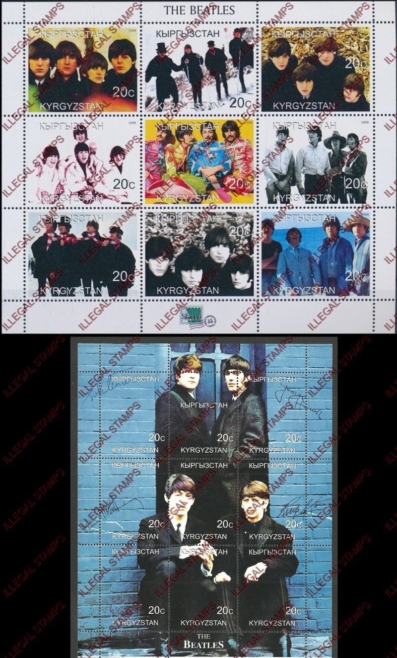 Kyrgyzstan 1999 The Beatles Illegal Stamp Sheetlets of Nine