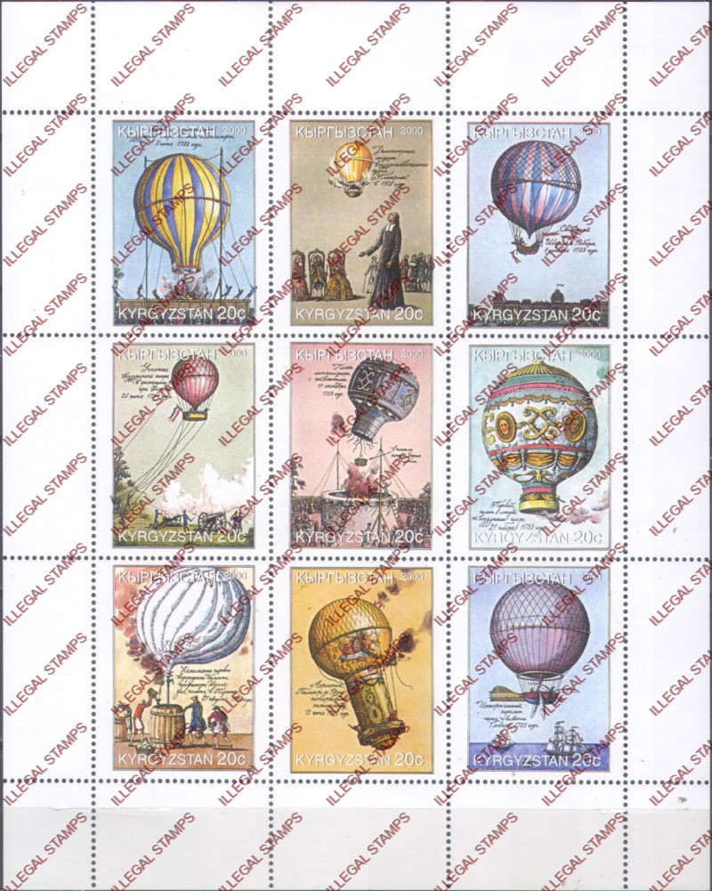 Kyrgyzstan 2000 Hot Air Balloons Illegal Stamp Sheetlet of Nine