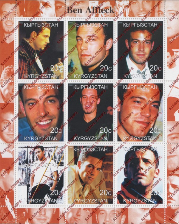 Kyrgyzstan 2000 Ben Affleck Illegal Stamp Sheetlet of Nine