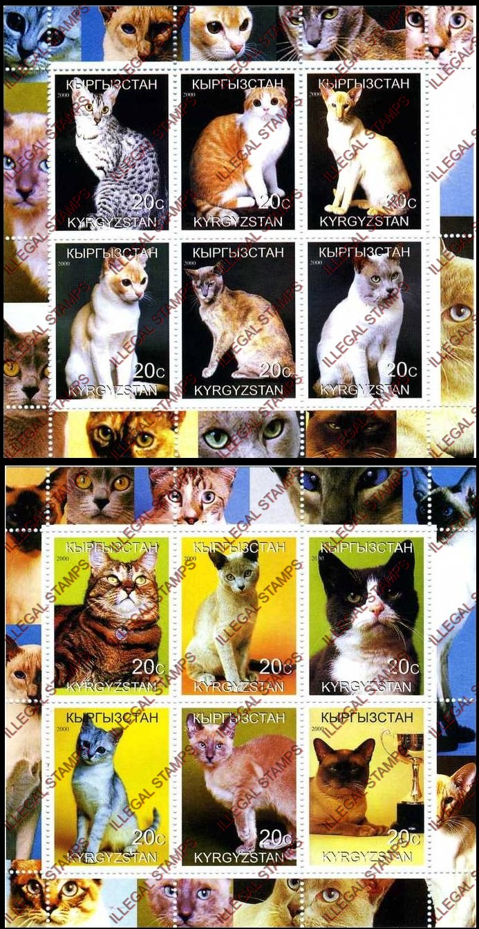 Kyrgyzstan 2000 Cats Illegal Stamp Sheetlets of Six
