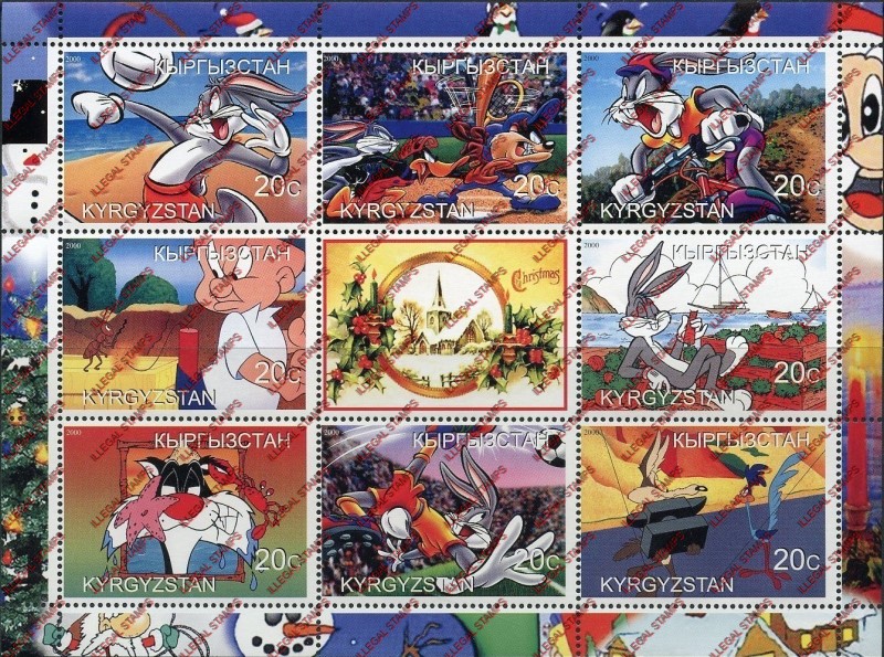 Kyrgyzstan 2000 Christmas Bugs Bunny Cartoons Illegal Stamp Sheetlet of Nine