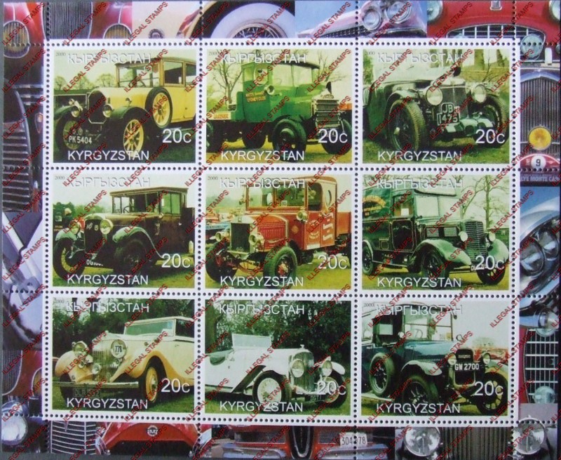 Kyrgyzstan 2000 Classic Cars Illegal Stamp Sheetlet of Nine
