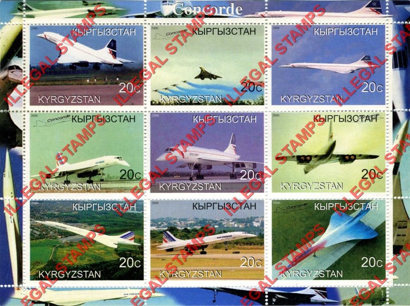 Kyrgyzstan 2000 Concorde Illegal Stamp Sheetlet of Nine