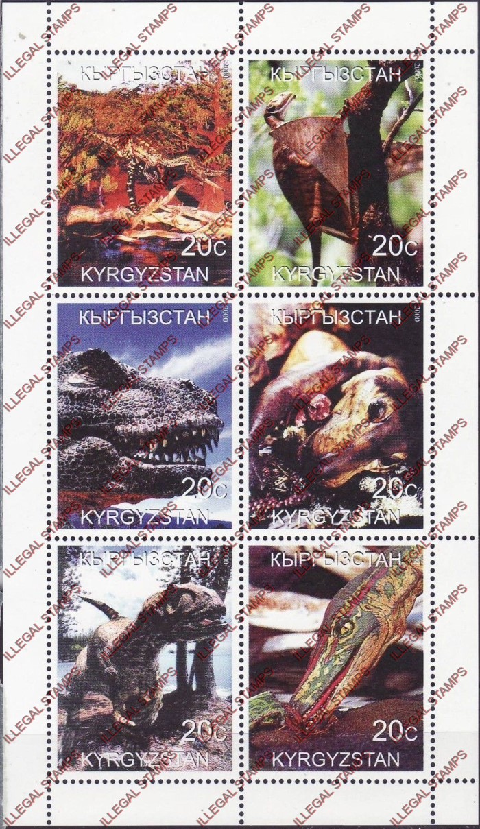 Kyrgyzstan 2000 Dinosaurs Illegal Stamp Sheetlet of Six