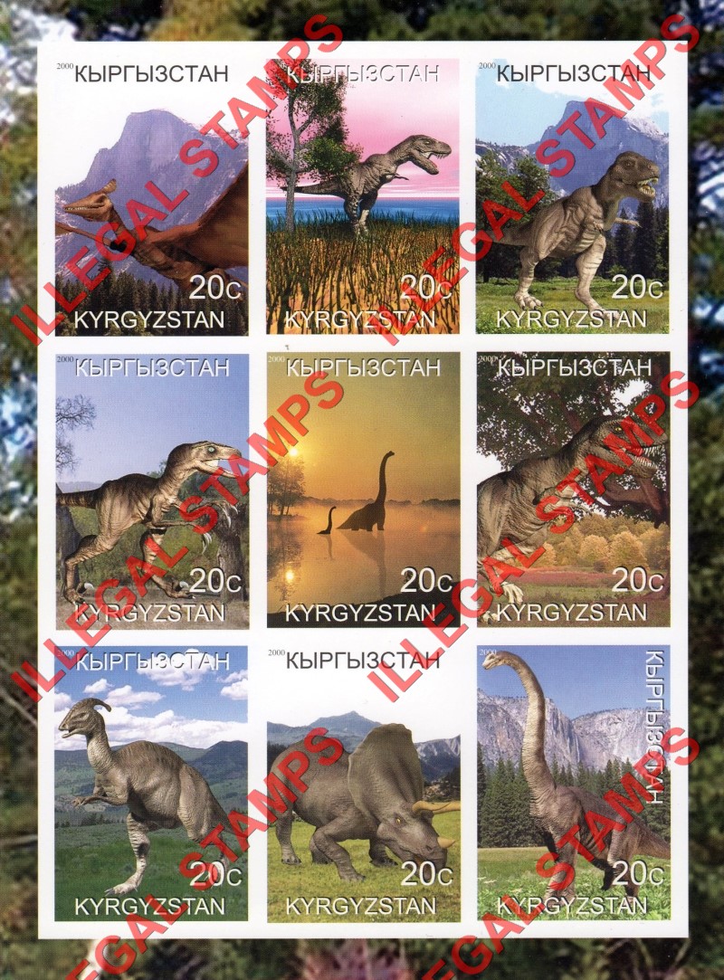 Kyrgyzstan 2000 Dinosaurs Illegal Stamp Sheetlet of Nine