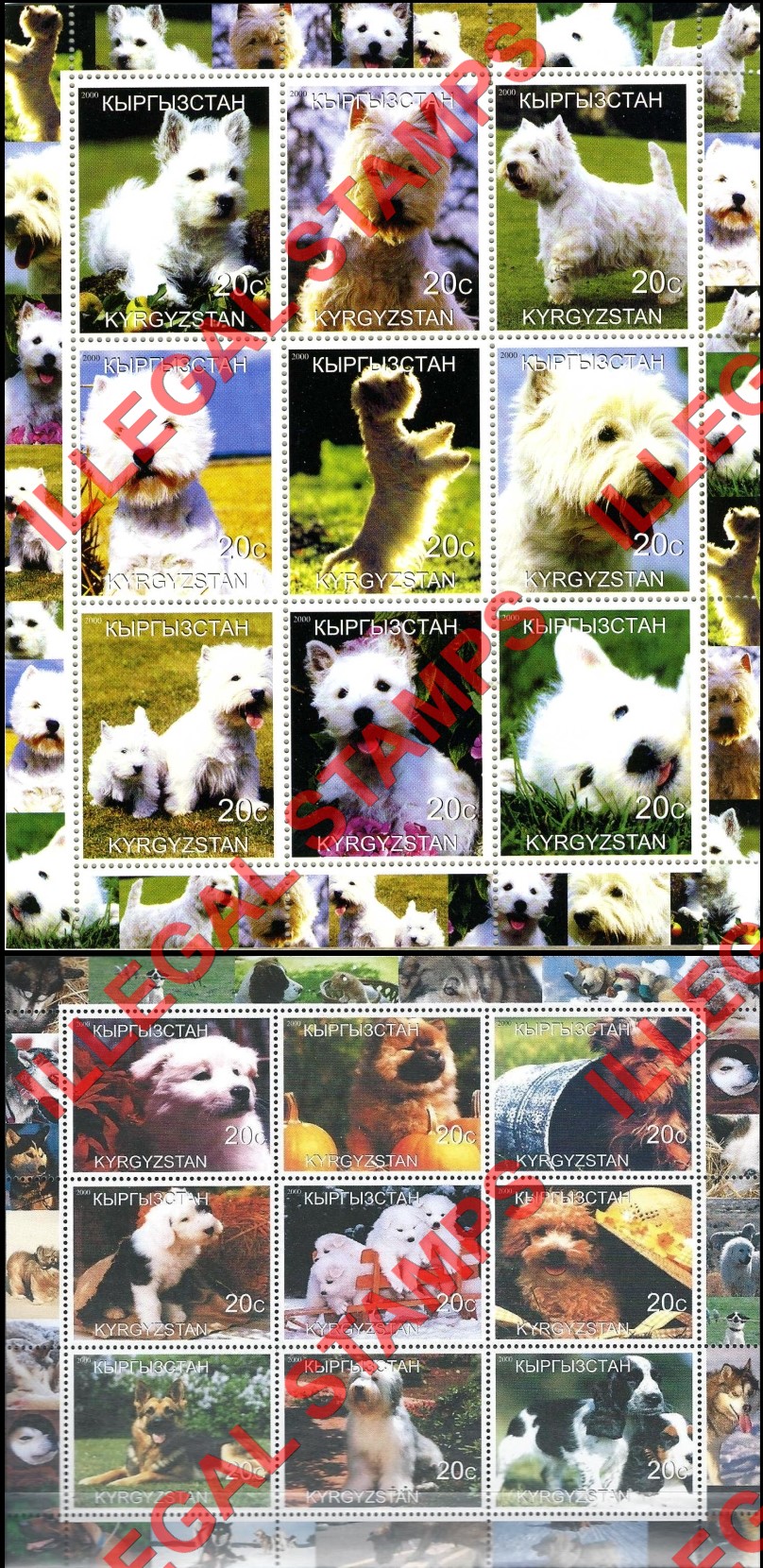Kyrgyzstan 2000 Dogs Illegal Stamp Sheetlets of Nine