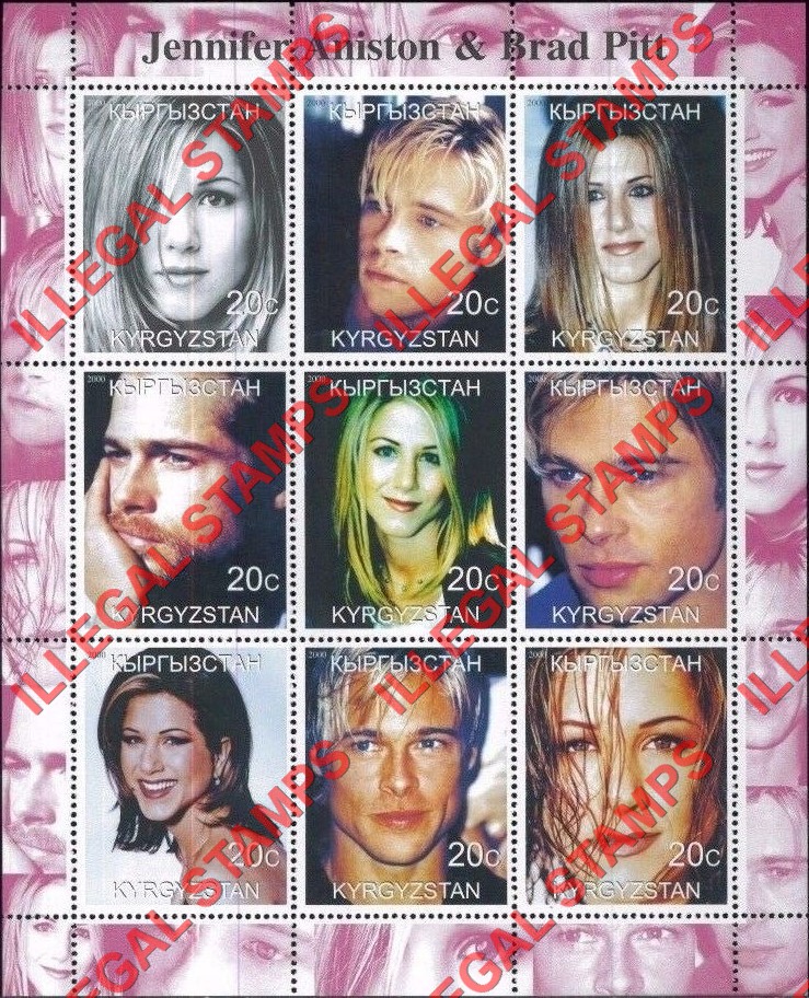Kyrgyzstan 2000 Jennifer Aniston Brad Pitt Illegal Stamp Sheetlet of Nine