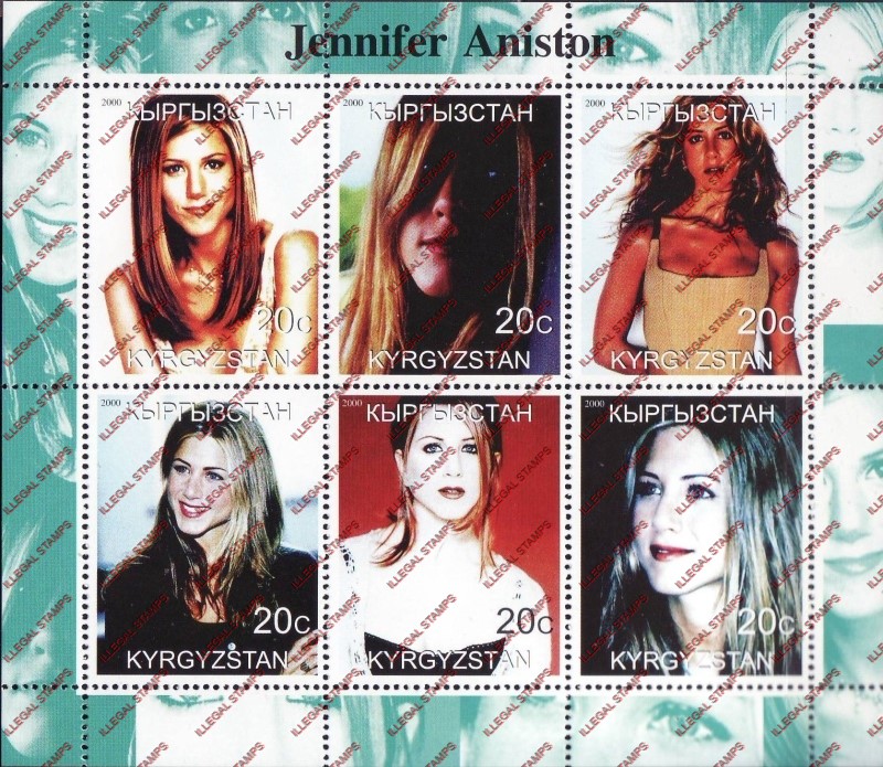 Kyrgyzstan 2000 Jennifer Aniston Illegal Stamp Sheetlet of Six