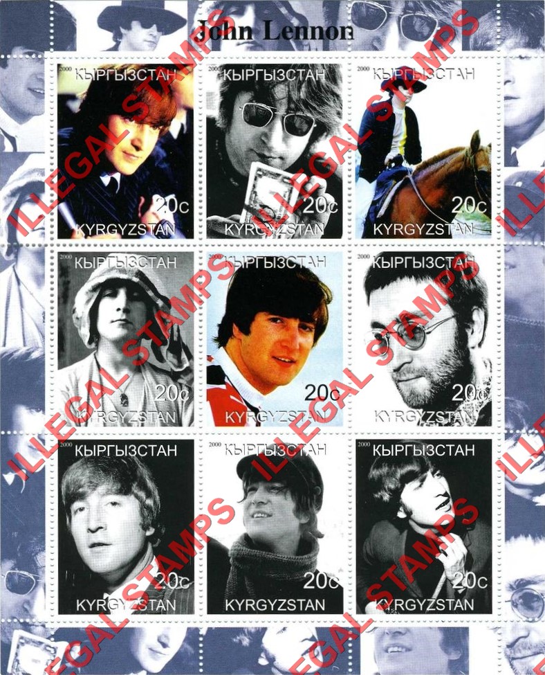 Kyrgyzstan 2000 John Lennon Illegal Stamp Sheetlet of Nine