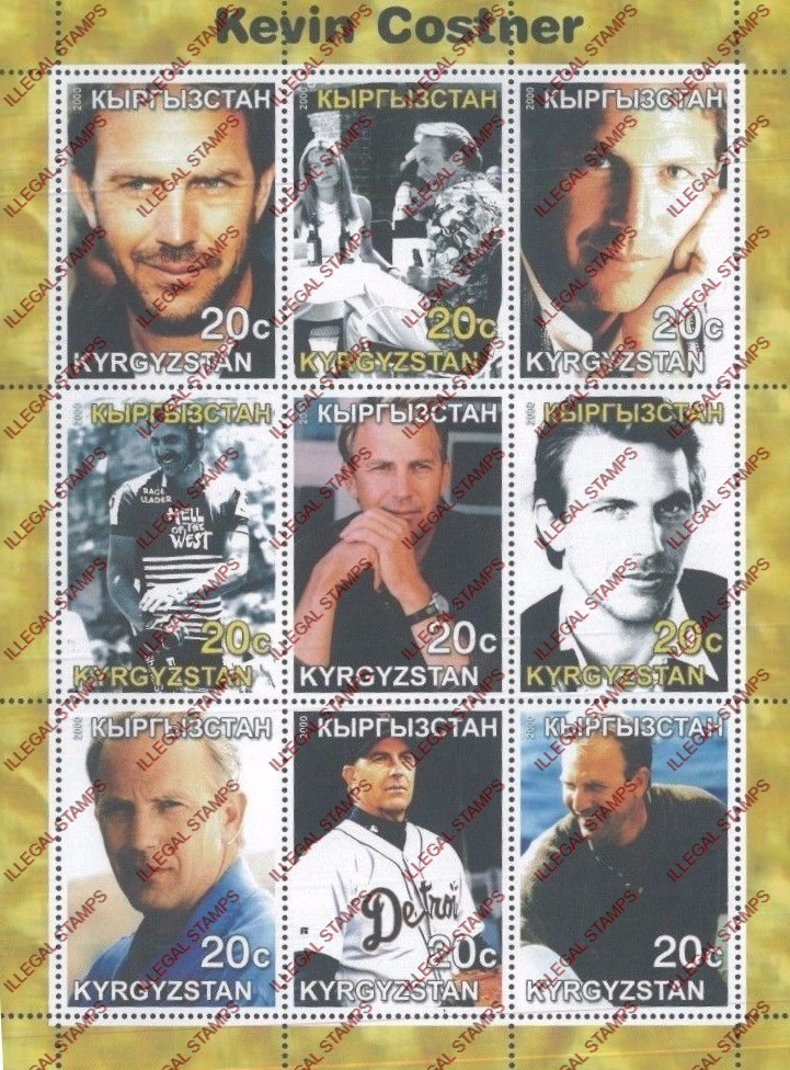 Kyrgyzstan 2000 Kevin Costner Illegal Stamp Sheetlet of Nine