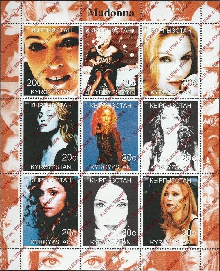 Kyrgyzstan 2000 Madonna Illegal Stamp Sheetlet of Nine Different Style