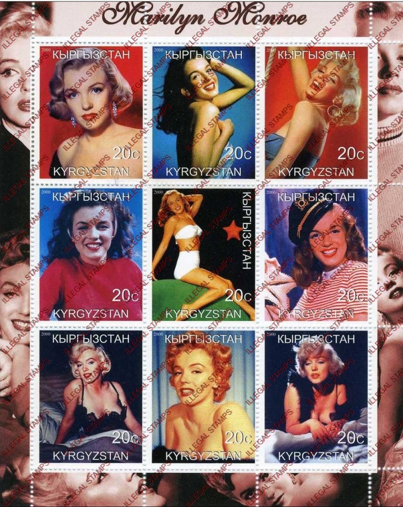 Kyrgyzstan 2000 Marilyn Monroe Illegal Stamp Sheetlet of Nine (Sheet 1)