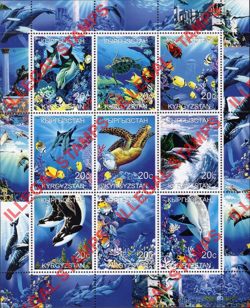 Kyrgyzstan 2000 Marine Life Illegal Stamp Sheetlet of Nine