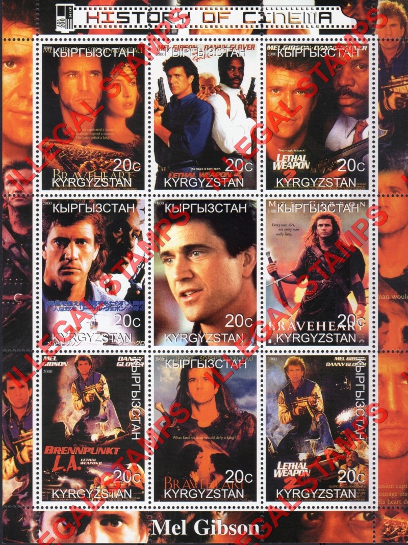 Kyrgyzstan 2000 Mel Gibson History of Cinema Illegal Stamp Sheetlet of Nine