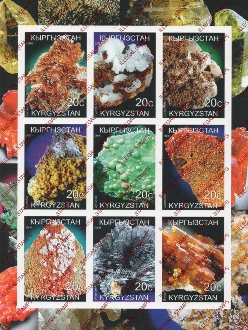 Kyrgyzstan 2000 Minerals Illegal Stamp Sheetlet of Nine