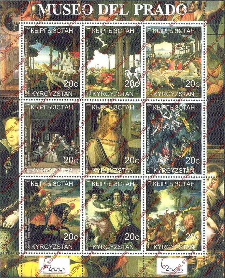 Kyrgyzstan 2000 Museo Del Prado Paintings Illegal Stamp Sheetlet of Nine