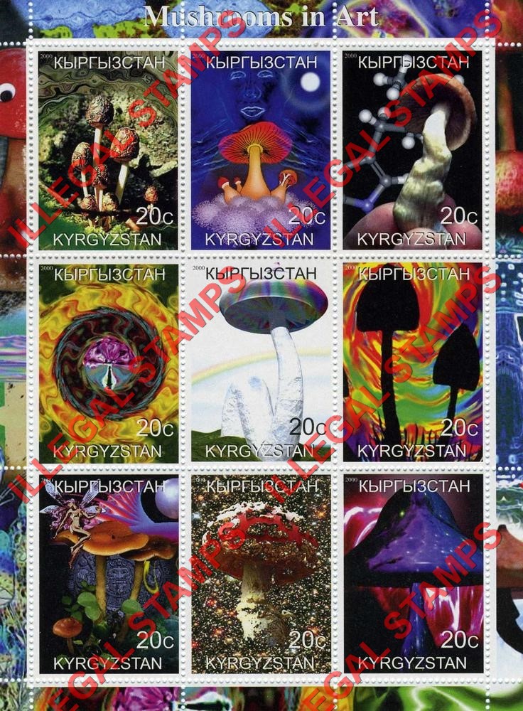 Kyrgyzstan 2000 Mushrooms in Art Illegal Stamp Sheetlet of Nine
