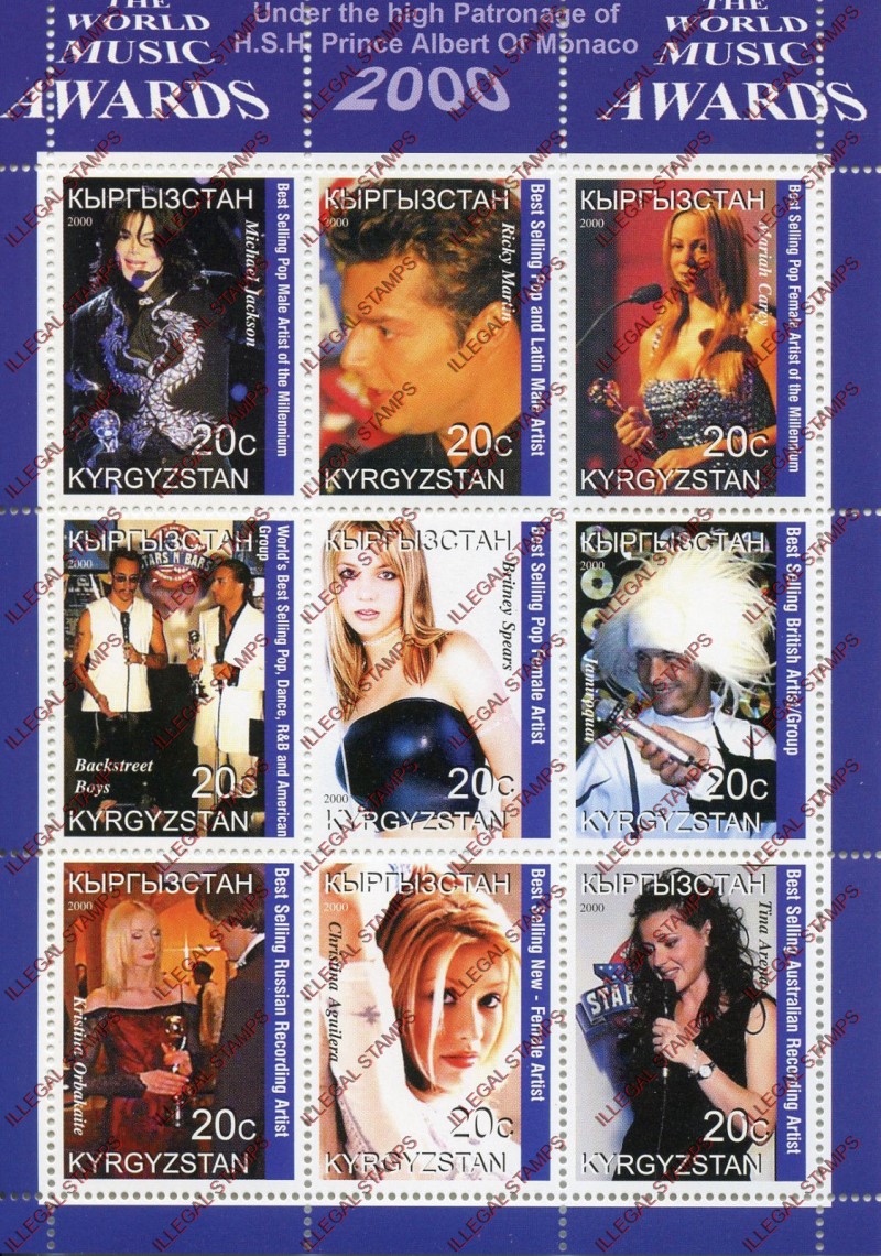 Kyrgyzstan 2000 The World Music Awards Illegal Stamp Sheetlet of Nine