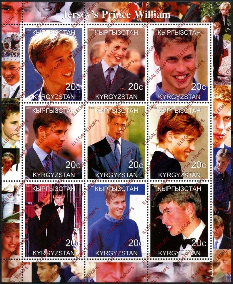 Kyrgyzstan 2000 Prince William Illegal Stamp Sheetlet of Nine