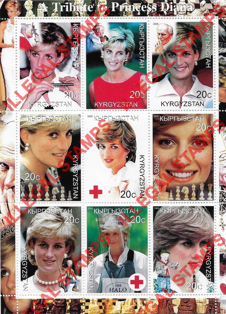 Kyrgyzstan 2000 Princess Diana Chess Red Cross Scouts and Pope Illegal Stamp Sheetlet of Nine