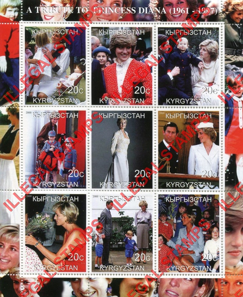 Kyrgyzstan 2000 Princess Diana Illegal Stamp Sheetlet of Nine