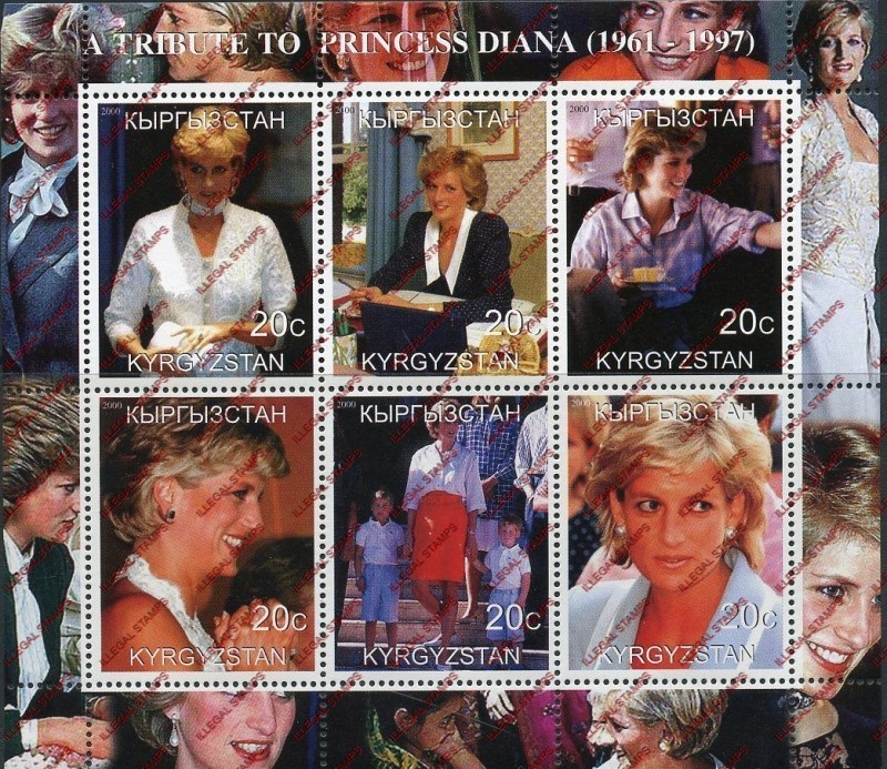 Kyrgyzstan 2000 Princess Diana Illegal Stamp Sheetlet of Six