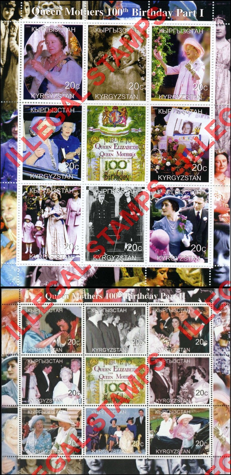 Kyrgyzstan 2000 Queen Mother's 100th Birthday Illegal Stamp Sheetlets of 8 Plus Label Part I and II