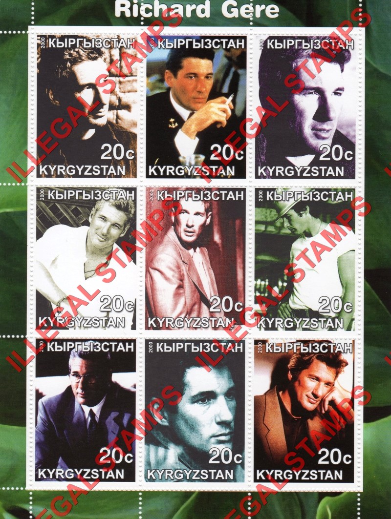Kyrgyzstan 2000 Richard Gere Illegal Stamp Sheetlet of Nine