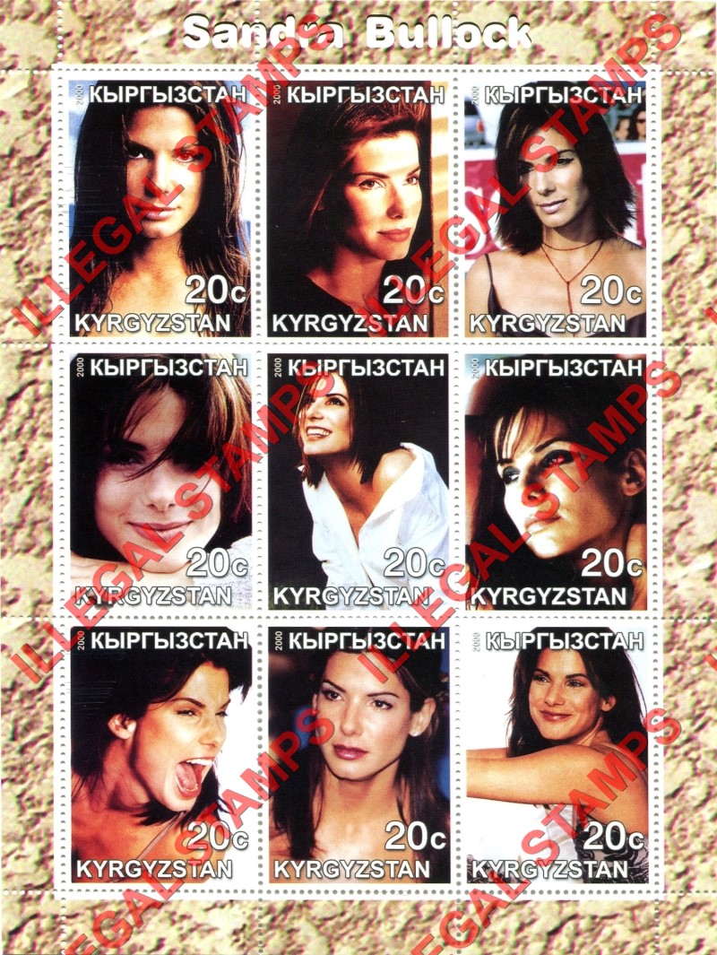 Kyrgyzstan 2000 Sandra Bullock Illegal Stamp Sheetlet of Nine