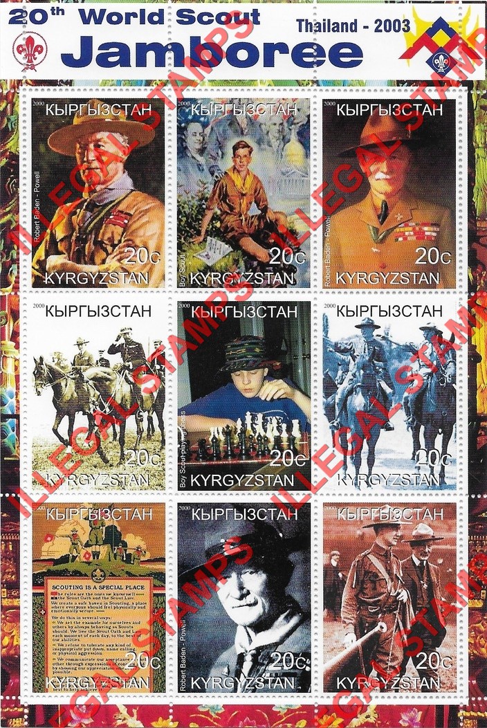 Kyrgyzstan 2000 20th World Scout Jamboree 2003 Stamp Exhibit Baden Powell Illegal Stamp Sheetlet of Nine