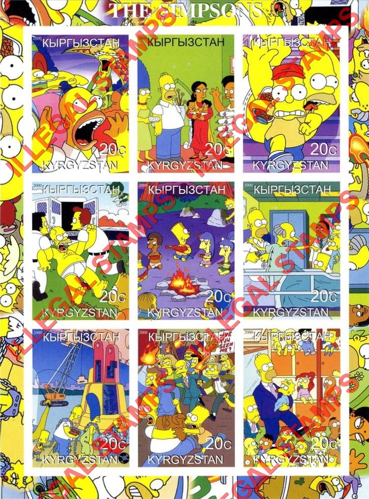Kyrgyzstan 2000 The Simpsons Illegal Stamp Sheetlet of Nine