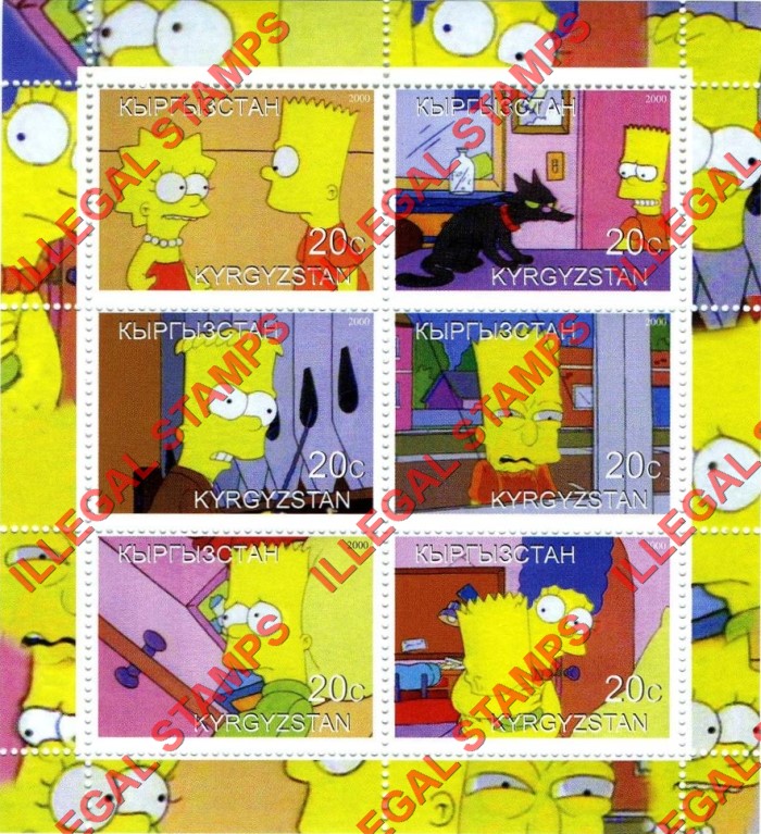 Kyrgyzstan 2000 The Simpsons Illegal Stamp Sheetlet of Six