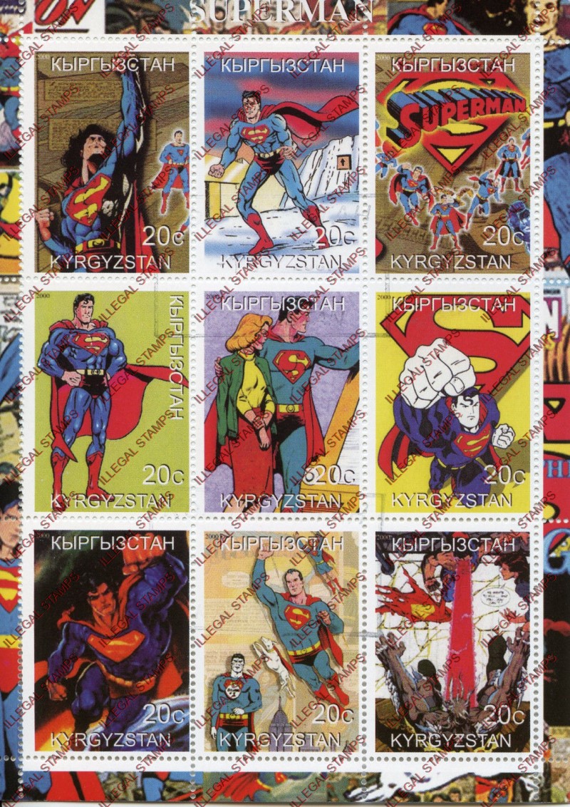 Kyrgyzstan 2000 Superman Illegal Stamp Sheetlet of Nine