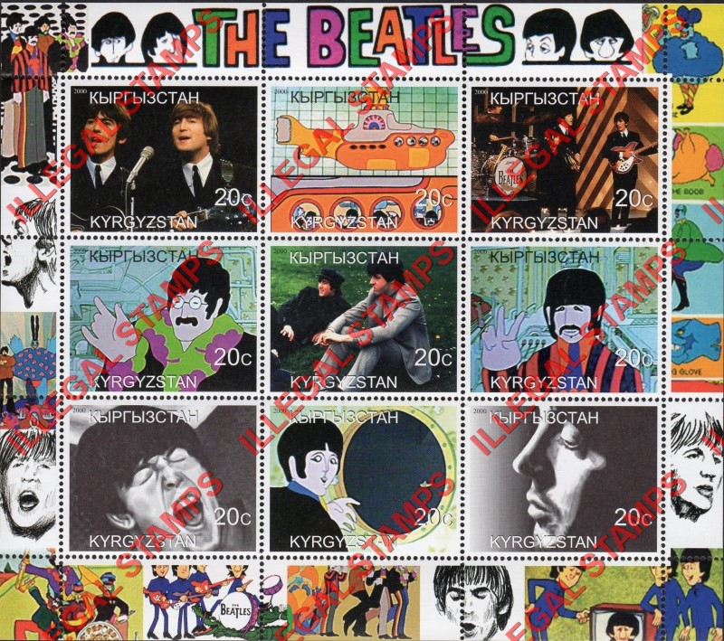 Kyrgyzstan 2000 The Beatles Illegal Stamp Sheetlet of Nine