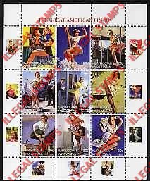 Kyrgyzstan 2000 The Great American Pin-up Illegal Stamp Sheetlet of Nine