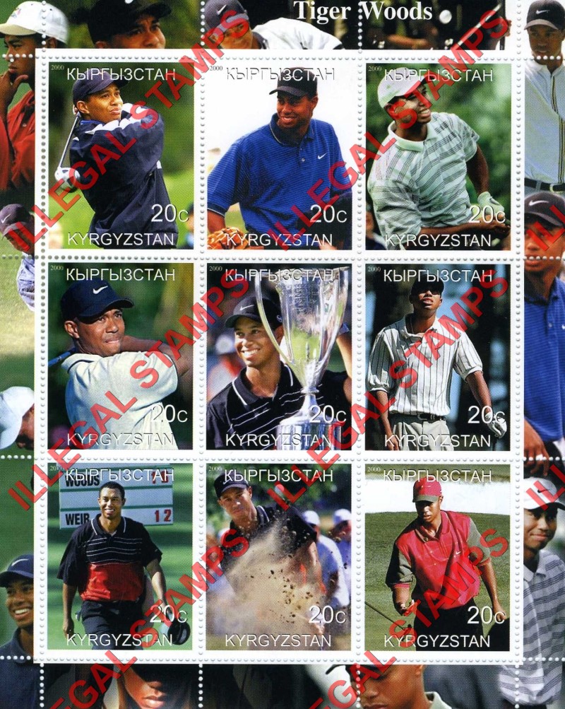 Kyrgyzstan 2000 Tiger Woods Golf Illegal Stamp Sheetlet of Nine